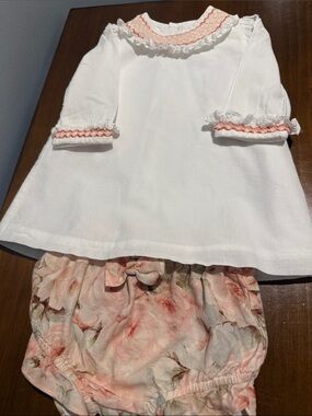 Luli & Me White Top with Coral Smocked Trim and Rose Floral Bloomers